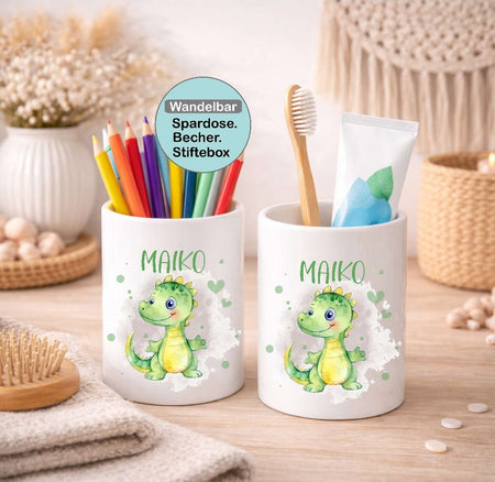 Kinder Spardose mit Name Drache grün – Personalisierte Spardose für Kinder Keramik mit Bambusdeckel für Jungen - CreativMade