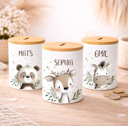 Kinder Spardose mit Name Löwe – Personalisierte Spardose für Kinder Keramik mit Bambusdeckel für Jungen oder Mädchen Waldtiere Safari Tiere Zootiere - CreativMade
