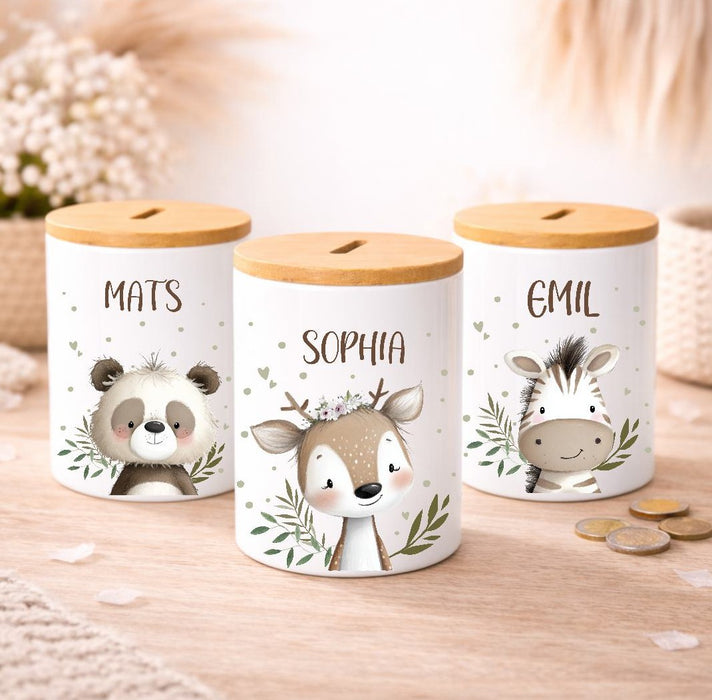 Kinder Spardose mit Name Löwe – Personalisierte Spardose für Kinder Keramik mit Bambusdeckel für Jungen oder Mädchen Waldtiere Safari Tiere Zootiere - CreativMade