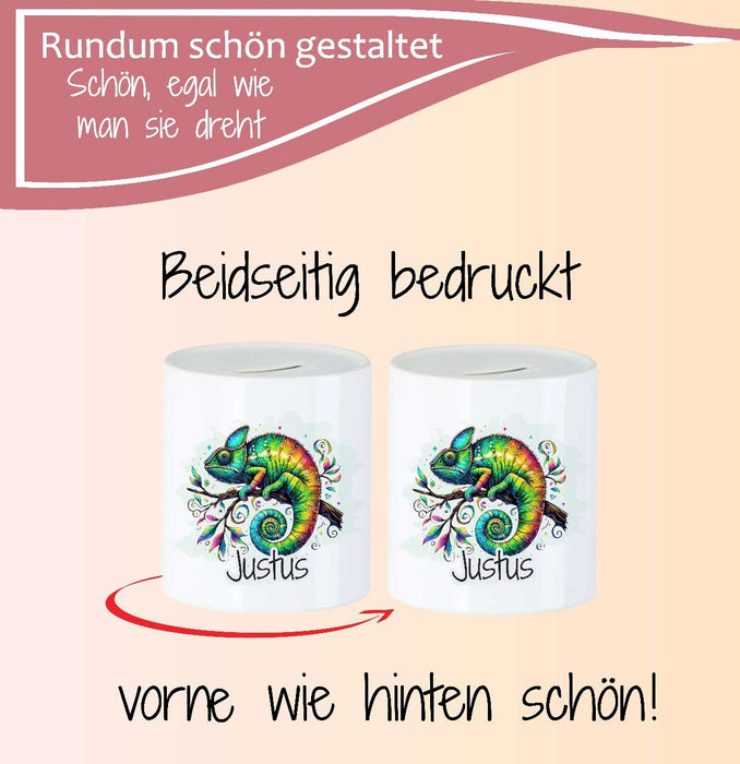 Personalisierte Kinderspardose mit Namen Chamäleon – Keramik Spardose zur Einschulung, Geburt oder Taufe - CreativMade