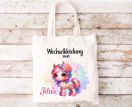 Wechselkleidung Kita Tasche Pferd personalisiert mit Name Mädchen Kindergarten Wechselwäsche Beutel - CreativMade 