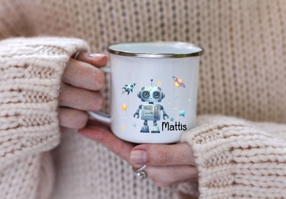 Kinder Tischset personalisiert mit Namen Roboter - abwischbar und rutschfest Platzdeckchen Platzset Tischunterlage - personalisierte Tasse Emaille & Keramik - CreativMade 