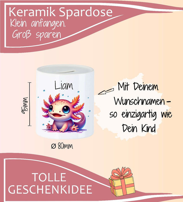 Personalisierte Kinderspardose mit Namen Axolotl - Keramik Spardose zur Einschulung, Geburt oder Taufe - CreativMade