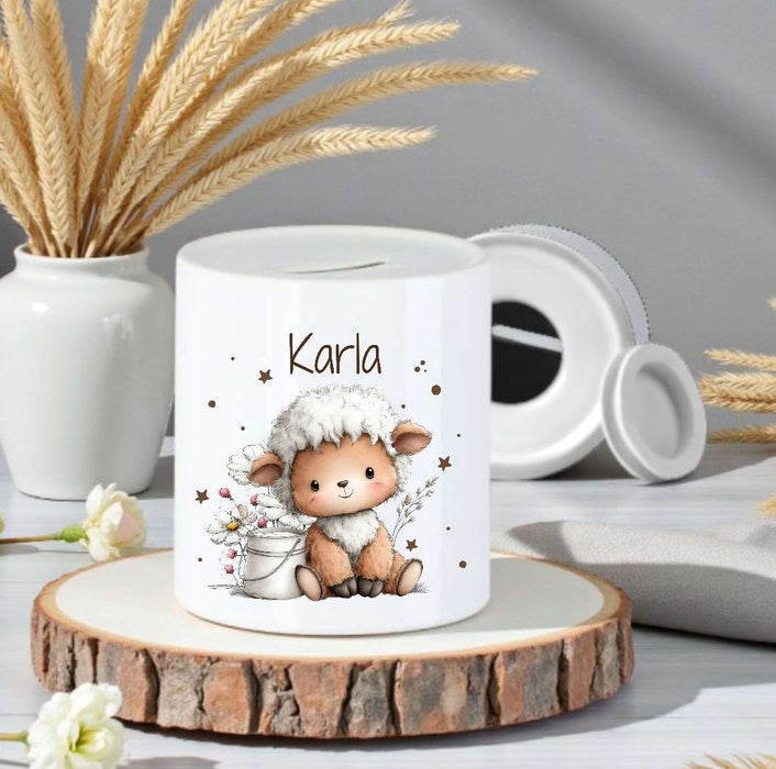Personalisierte Kinderspardose mit Namen Schaf - Keramik Spardose zur Einschulung, Geburt oder Taufe - CreativMade