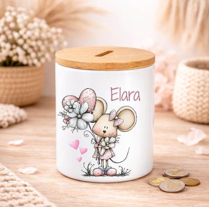 Kinder Spardose mit Name Tier-Motiv – Personalisierte Spardose für Kinder Keramik mit Bambusdeckel
