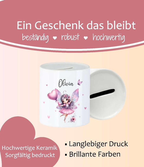 Personalisierte Kinderspardose mit Namen Fee – Keramik Spardose zur Einschulung, Geburt oder Taufe - CreativMade 