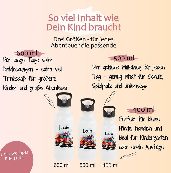 Personalisierte Trinkflasche Kinder Feuerwehrauto -  Edelstahl Trinkflasche mit Name - Strohhalm Geschenk Einschulung Geburtstag - CreativMade 