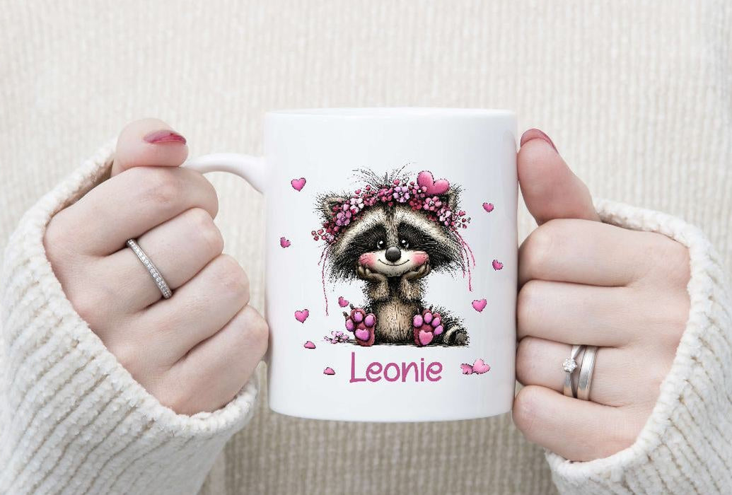 Kinder Tischset personalisiert mit Namen Waschbär - abwischbar und rutschfest Platzdeckchen Platzset Tischunterlage - personalisierte Tasse Emaille & Keramik - CreativMade 