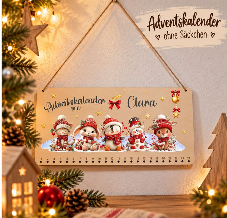 Personalisierter Adventskalender aus Holz mit Namen Wintertiere – zum Befüllen mit oder ohne Säckchen - CreativMade