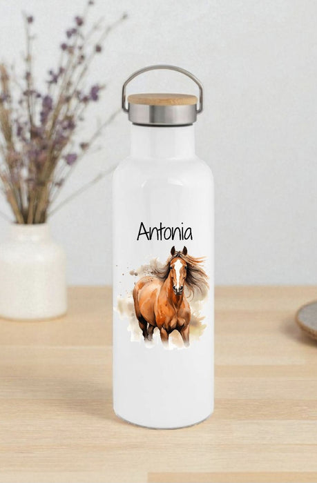 Personalisierte Kinder Trinkflasche mit Namen Pferd – Edelstahl Thermosflasche auslaufsicher für Kindergarten & Schule - CreativMade