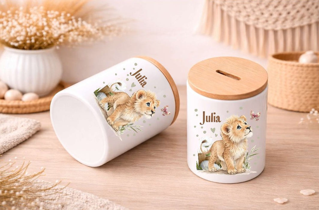 Kinder Spardose mit Name Löwe – Personalisierte Spardose für Kinder Keramik mit Bambusdeckel für Mädchen