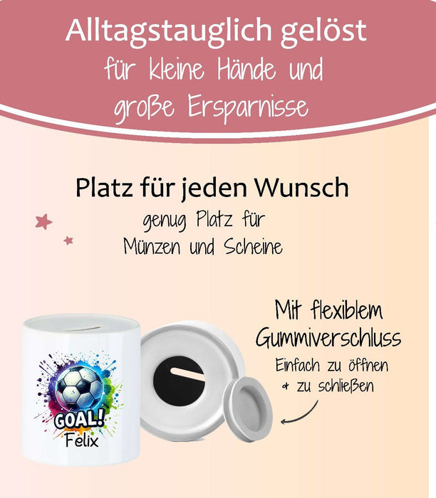 Personalisierte Kinderspardose mit Namen Fußball – Keramik Spardose zur Einschulung, Geburt oder Taufe - CreativMade