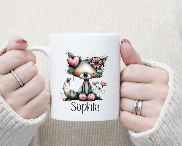 Kindertasse personalisiert mit Namen Fuchs Mädchen Emaille Keramik Kunststoff Geschenk - CreativMade 