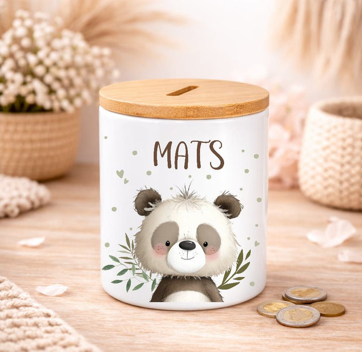 Kinder Spardose mit Name Löwe – Personalisierte Spardose für Kinder Keramik mit Bambusdeckel für Jungen oder Mädchen Waldtiere Safari Tiere Zootiere - CreativMade