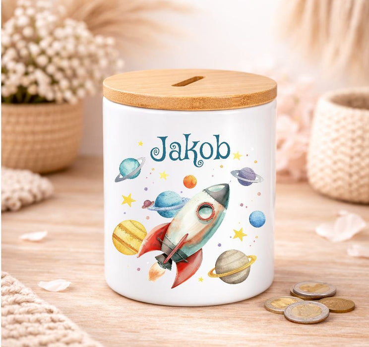 Kinder Spardose mit Name Rakete – Personalisierte Spardose für Kinder Keramik mit Bambusdeckel für Jungen | CreativMade .