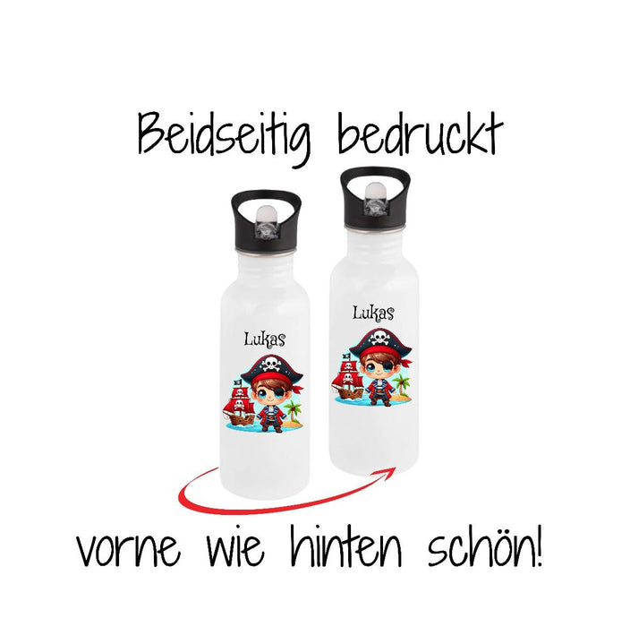 Personalisierte Trinkflasche Kinder Pirat -  Edelstahl Trinkflasche mit Name - Strohhalm Geschenk Einschulung Geburtstag - CreativMade 