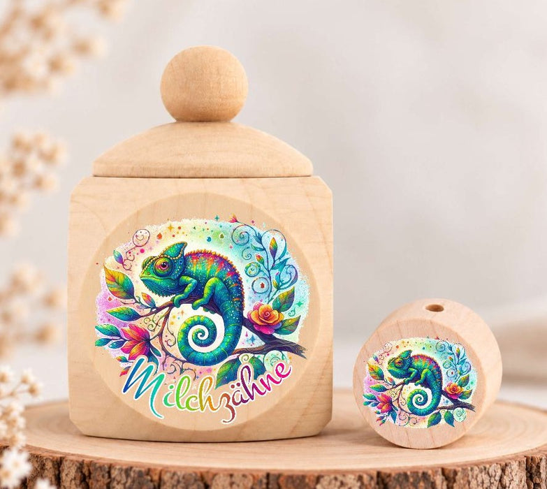 Milchzahndose Chamäleon Holz mit Motivscheibe | DIY & Kreativbedarf 6 x 4cm Zahndose | CreativMade .