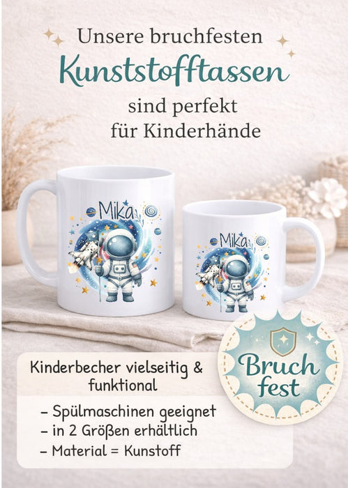 Kindertasse personalisiert mit Namen | Astronaut Jungen | Kunststoffbecher für Kindergarten, Kita & Schule | CreativMade .