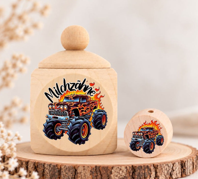 Milchzahndose Monstertruck Holz mit Motivscheibe | DIY & Kreativbedarf 6 x 4cm Zahndose | CreativMade .