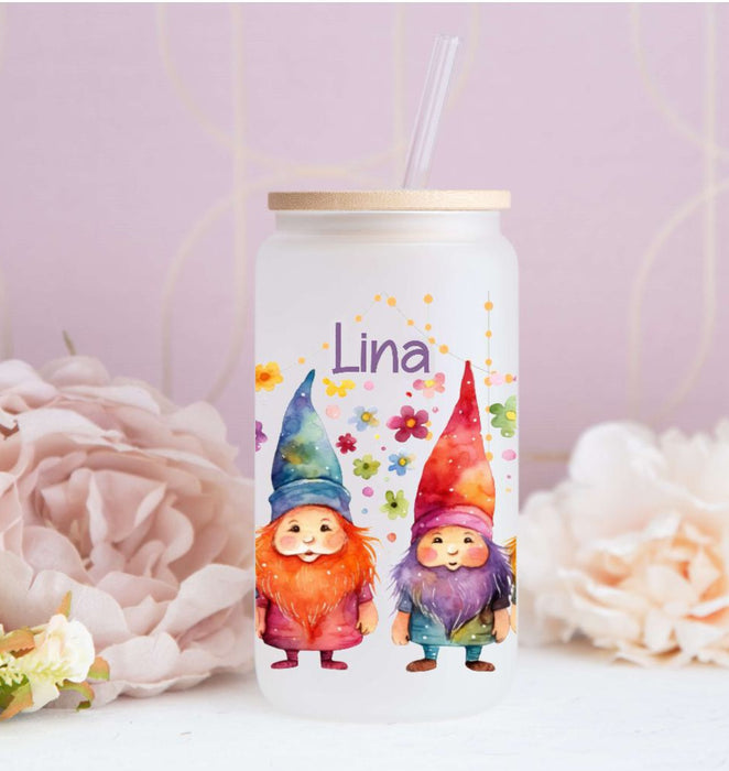Eiskaffeeglas personalisiert Gnome Trinkglas mit Deckel Strohhalm Tass– CreativMade