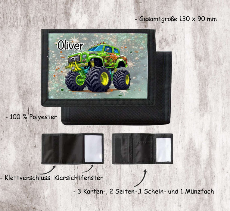 Kinder Geldbeutel personalisiert Monstertruck – Geldbörse mit Namen Klettverschluss Porte­mon­naie - CreativMade