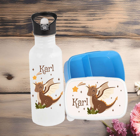 Set Brotdose und Trinkflasche personalisiert mit Namen Dinosaurier Edelstahl 500ml Lunchbox Jungen - CreativMade