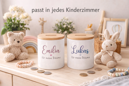 Kinder Spardose mit Name Tier-Motiv – Personalisierte Spardose für Kinder Keramik mit Bambusdeckel - CreativMade
