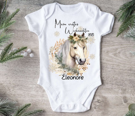 Mein erstes Weihnachten Baby-Body Pferd Mädchen – personalisiert Weihnachtsoutfit aus Baumwolle (0–18 Monate) Strampler - CreativMade 