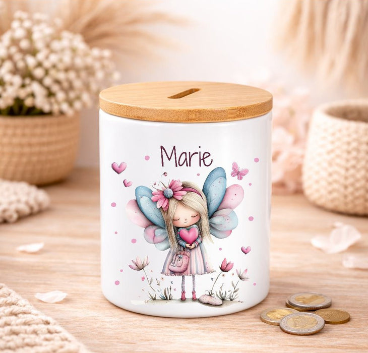 Kinder Spardose mit Name Fee – Personalisierte Spardose für Kinder Keramik mit Bambusdeckel für Mädchen | CreativMade .