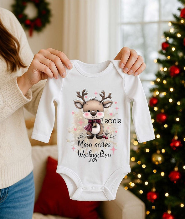 Mein erstes Weihnachten Baby-Body Elch Mädchen – personalisiert Weihnachtsoutfit aus Baumwolle (0–18 Monate) Strampler - CreativMade 