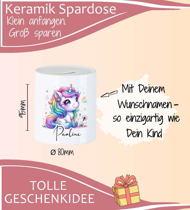 Personalisierte Kinderspardose mit Namen Einhorn – Keramik Spardose zur Einschulung, Geburt oder Taufe - CreativMade 
