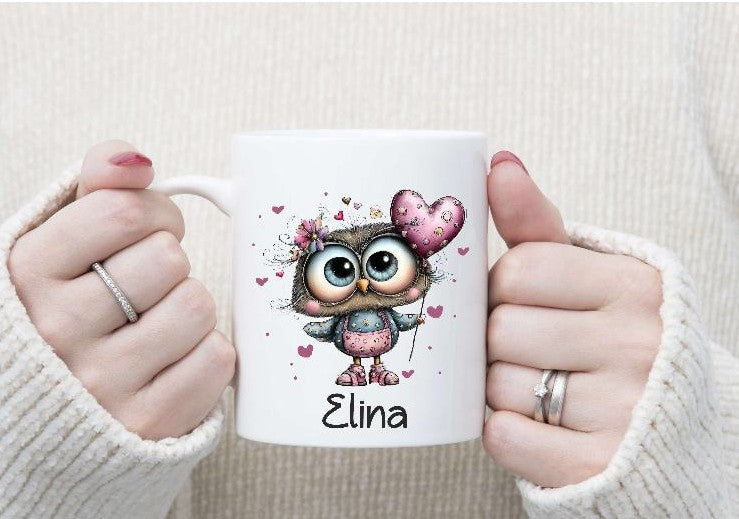 Kindertasse personalisiert mit Namen Eule Mädchen Emaille Keramik Kunststoff Geschenk - CreativMade 