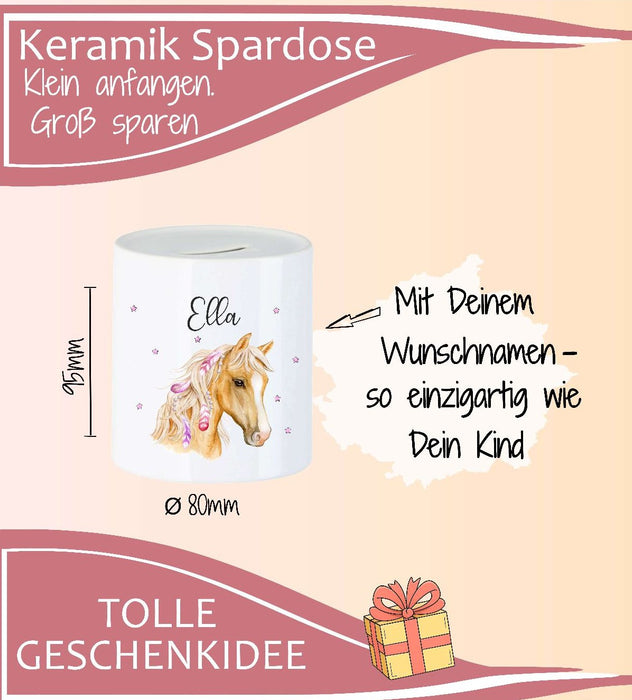 Personalisierte Kinderspardose mit Namen Pferd – Keramik Spardose zur Einschulung, Geburt oder Taufe - CreativMade 