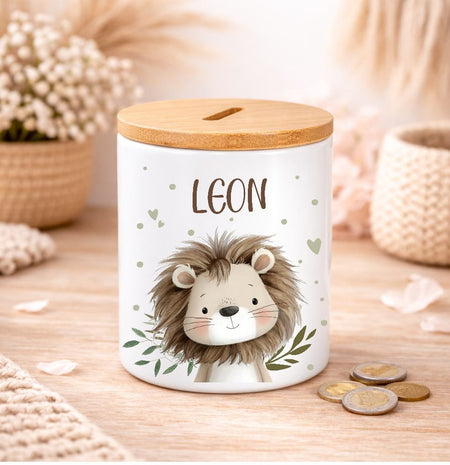 Kinder Spardose mit Name Reh – Personalisierte Spardose für Kinder Keramik mit Bambusdeckel für Jungen oder Mädchen Waldtiere Safari Tiere Zootiere - CreativMade
