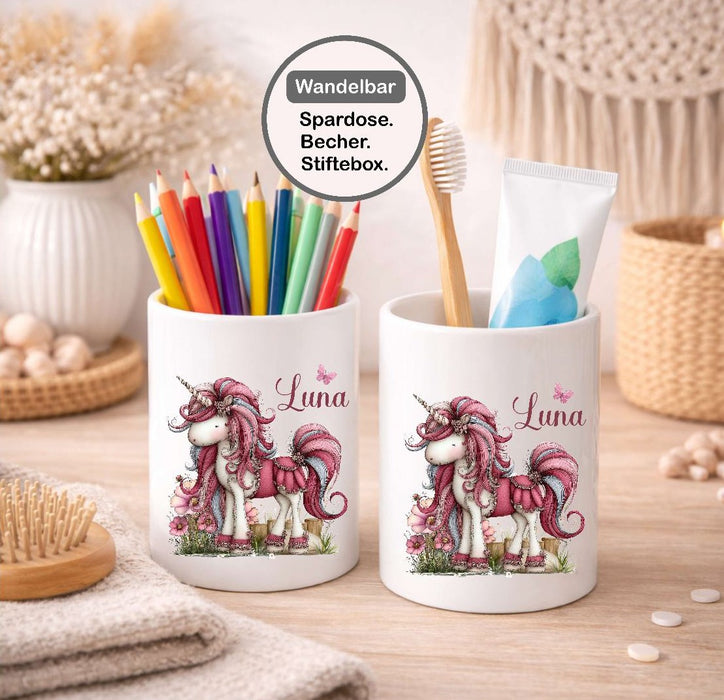 Kinder Spardose mit Name Einhorn – Personalisierte Spardose für Kinder Keramik mit Bambusdeckel für Mädchen
