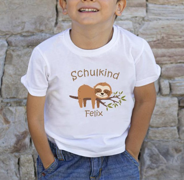 T-Shirt Schulkind Faultier mit Name Junge personalisiert - CreativMade 