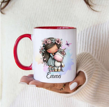 Kindertasse personalisiert mit Namen Einhorn Mädchen Emaille Keramik Kunststoff Geschenk - CreativMade 