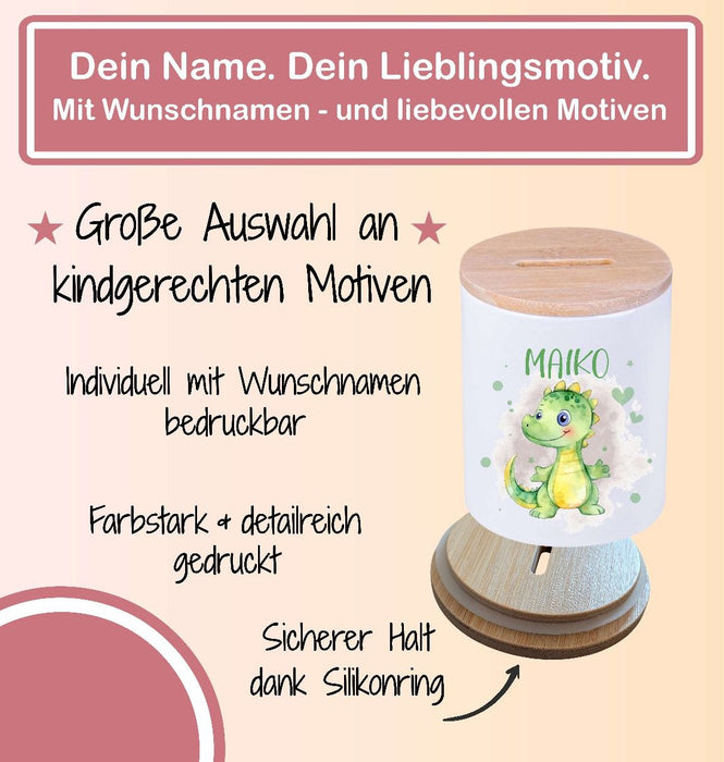 Kinder Spardose mit Name Drache grün  – Personalisierte Spardose für Kinder Keramik mit Bambusdeckel für Jungen | CreativMade .