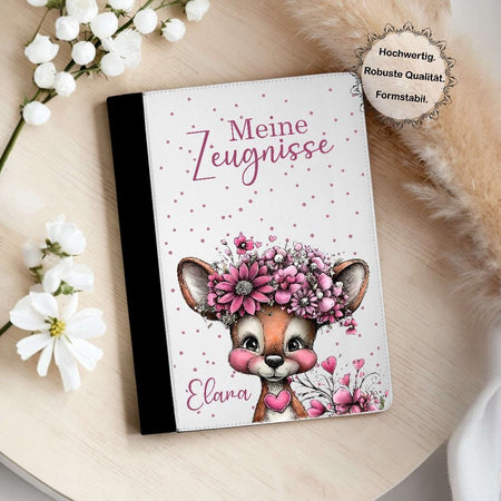 Personalisierte Zeugnismappe mit Namen Reh – Mappe für Schulzeugnisse A4 | Geschenk zur Einschulung Mädchen - CreativMade