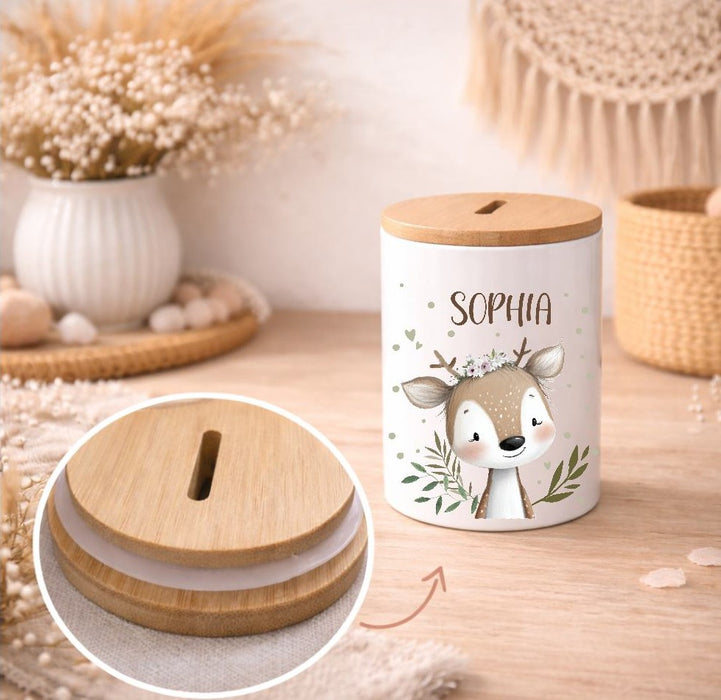 Kinder Spardose mit Name Löwe – Personalisierte Spardose für Kinder Keramik mit Bambusdeckel für Jungen oder Mädchen Waldtiere Safari Tiere Zootiere - CreativMade