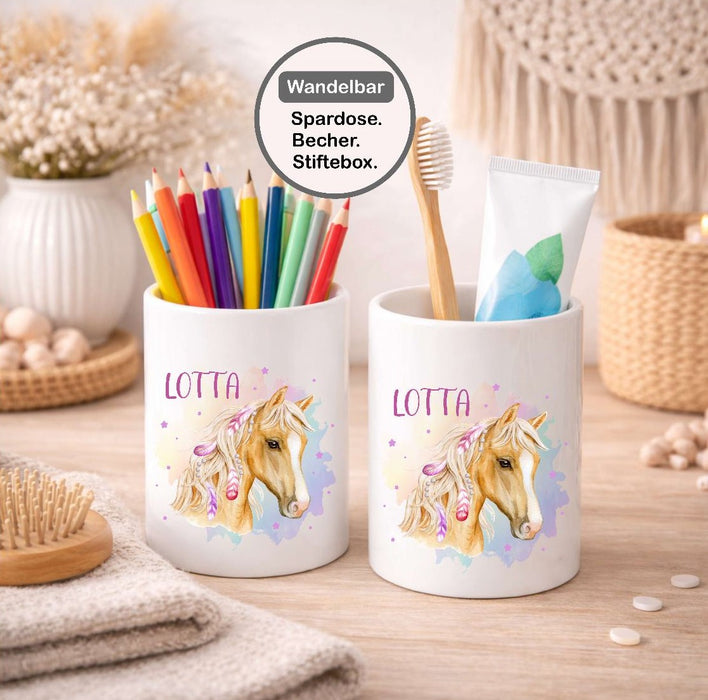 Kinder Spardose mit Name Pferd – Personalisierte Spardose für Kinder Keramik mit Bambusdeckel für Mädchen | CreativMade .