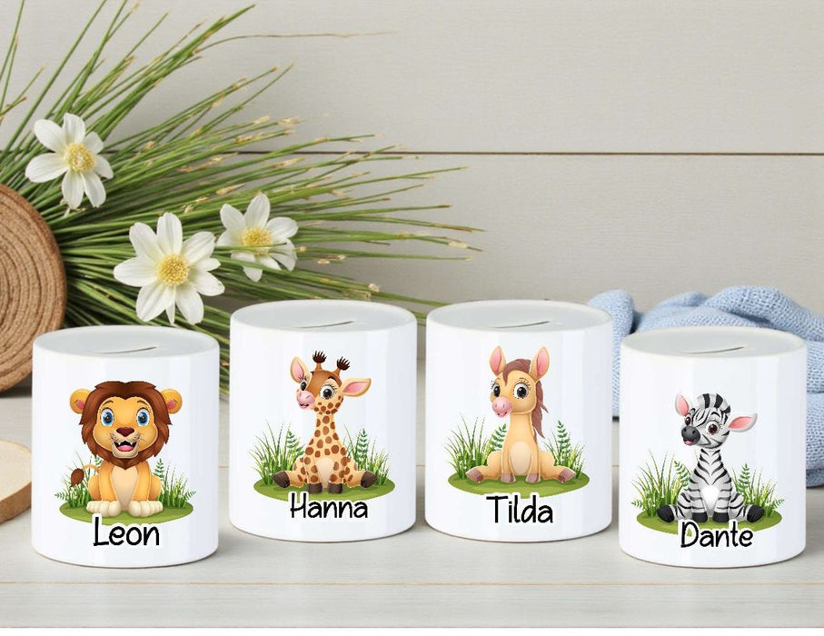 Personalisierte Kinderspardose mit Namen Löwe – Keramik Spardose zur Einschulung, Geburt oder Taufe - CreativMade
