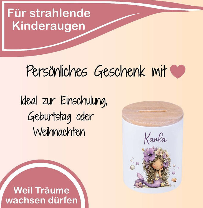 Kinder Spardose mit Name Meerjungfrau – Personalisierte Spardose für Kinder Keramik mit Bambusdeckel für Mädchen | CreativMade .