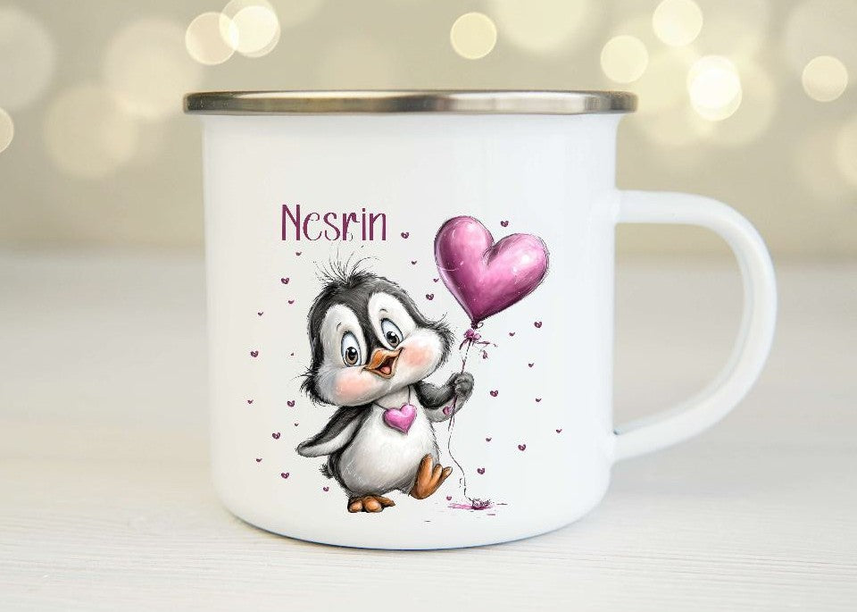 Kindertasse personalisiert mit Namen Pinguin Mädchen Emaille Keramik Kunststoff Geschenk - CreativMade 