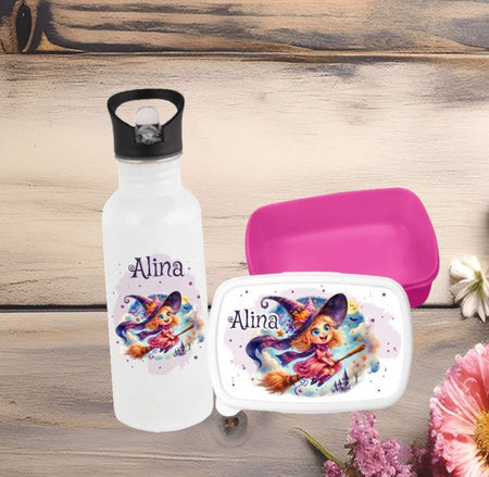 Set Brotdose Trinkflasche und Rucksack personalisiert mit Namen Hexe Kinder Edelstahl Flasche Kita Kindergarten Kinderrucksack - CreativMade