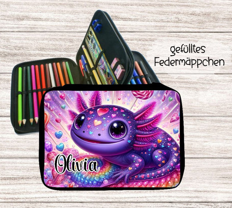 Personalisiertes Federmäppchen mit Name Axolotl Mädchen Geschenk Einschulung Federmappe Federpenal - CreativMade