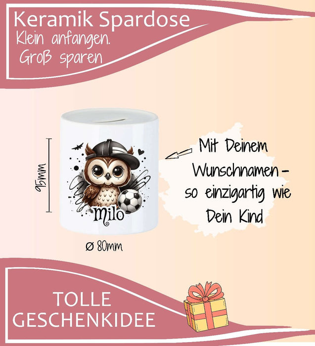 Personalisierte Kinderspardose mit Namen Eule Fußball – Keramik Spardose zur Einschulung, Geburt oder Taufe - CreativMade