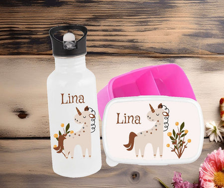 Set Brotdose und Trinkflasche personalisiert mit Namen Einhorn Boho Edelstahl 500ml Lunchbox Mädchen - CreativMade