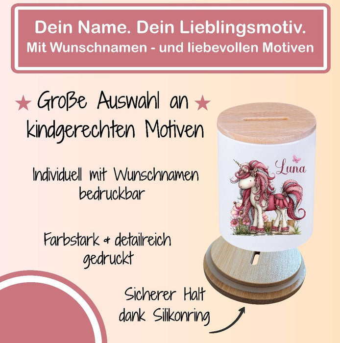 Kinder Spardose mit Name Einhorn – Personalisierte Spardose für Kinder Keramik mit Bambusdeckel für Mädchen