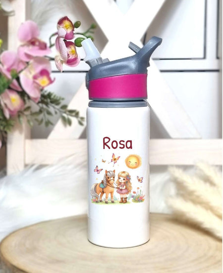 Personalisierte Trinkflasche mit Namen und Strohhalm Pferd Wasserflasche aufklappbares Mundstück - CreativMade